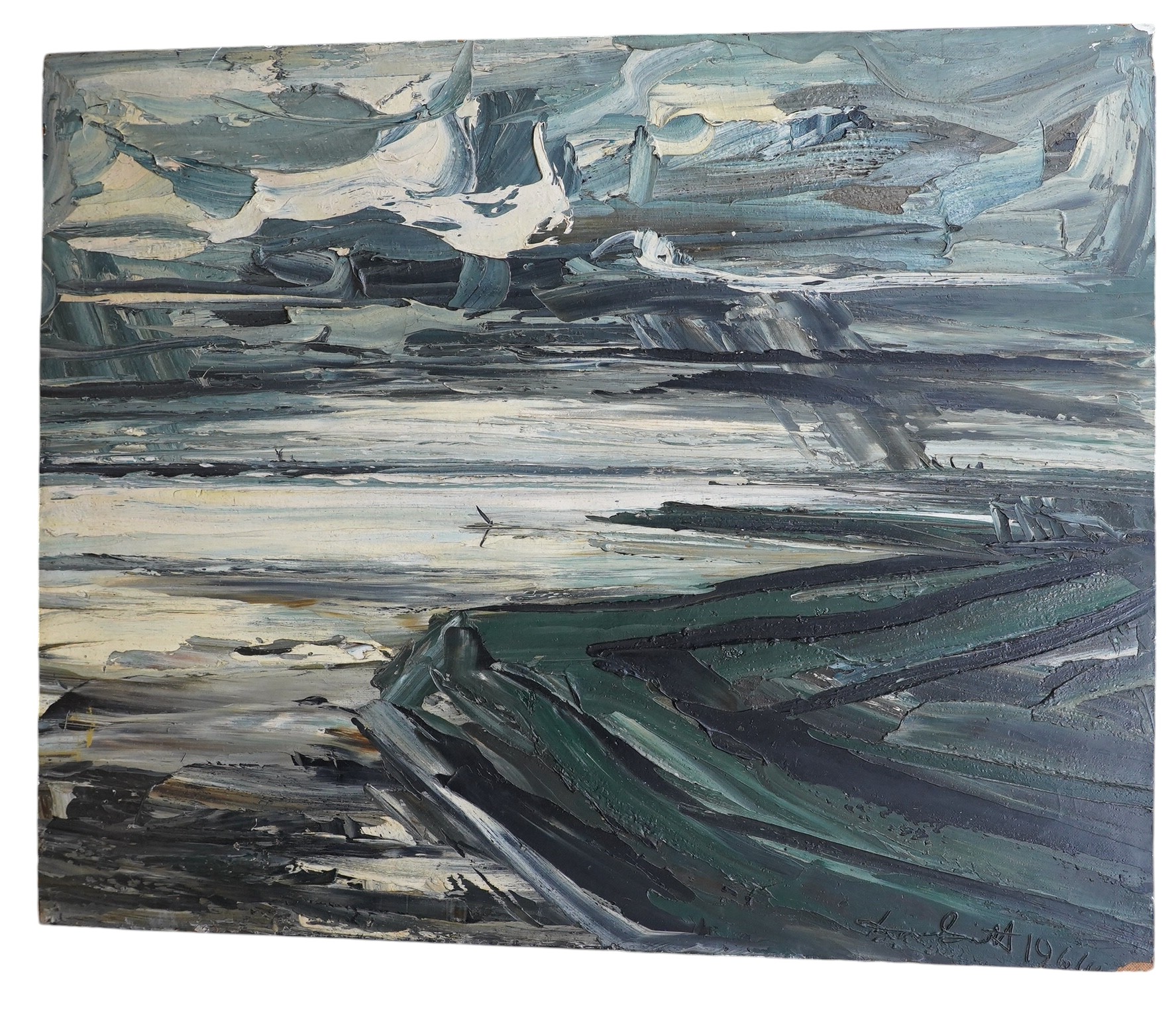 David Smith (British, 1930-1999), impasto oil on board, Seascape, signed and dated 1964, 95 x 117cm. Condition - fair, Provenance; from the artists' studio. David Smith was born in Lowestoft and exhibited around the worl